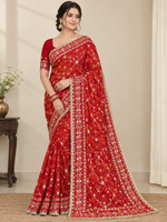 Load image into Gallery viewer, Pure Georgette Chunri Bandhej Saree with Kachha Gota Work & Heavy Running Blouse Piece