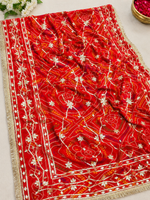 Load image into Gallery viewer, Pure Georgette Chunri Bandhej Saree with Kachha Gota Work & Heavy Running Blouse Piece