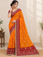 Load image into Gallery viewer, Pure Georgette Peela Chunri Bandhej Saree with Kachha Gota Work & Heavy Running Blouse Piece