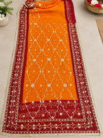 Load image into Gallery viewer, Pure Georgette Peela Chunri Bandhej Saree with Kachha Gota Work & Heavy Running Blouse Piece