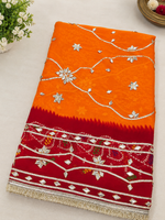 Load image into Gallery viewer, Pure Georgette Peela Chunri Bandhej Saree with Kachha Gota Work & Heavy Running Blouse Piece