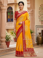 Load image into Gallery viewer, Pure Upada Silk Peela Chunri Bandhej Saree With Heavy Kaccha Gota