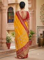 Load image into Gallery viewer, Pure Upada Silk Peela Chunri Bandhej Saree With Heavy Kaccha Gota