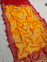 Load image into Gallery viewer, Pure Upada Silk Peela Chunri Bandhej Saree With Heavy Kaccha Gota