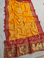 Load image into Gallery viewer, Pure Upada Silk Peela Chunri Bandhej Saree With Heavy Kaccha Gota