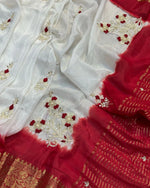 Load image into Gallery viewer, Pure Munga Silk Fabric Faag Special saree With Heavy Zari Border & Palla Saree, With Resham & Pearls Hand Work saree
