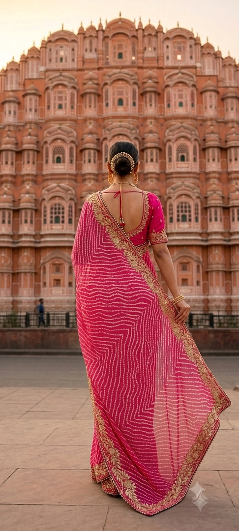 Leheriya Mothra Georgette Saree - Gota & Cutdana Work