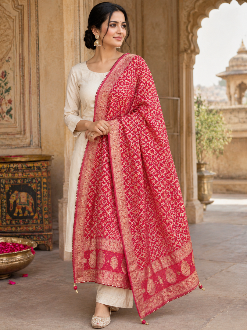 Royal Pure Khaddi Georgette Bandhani Dupatta With Heavy Zari