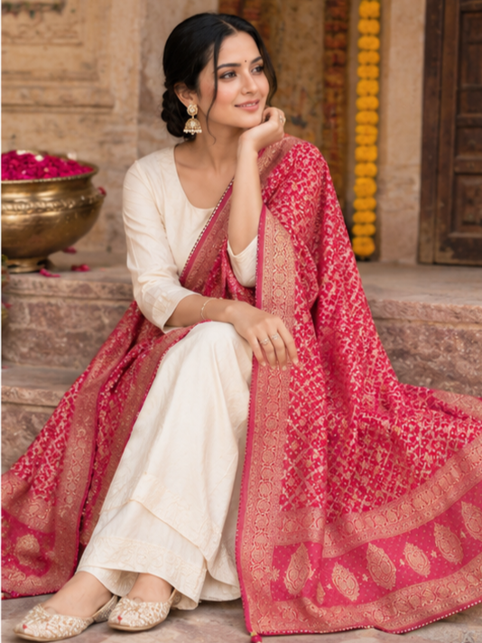 Royal Pure Khaddi Georgette Bandhani Dupatta With Heavy Zari