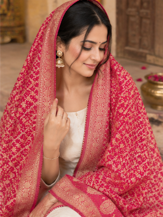 Royal Pure Khaddi Georgette Bandhani Dupatta With Heavy Zari