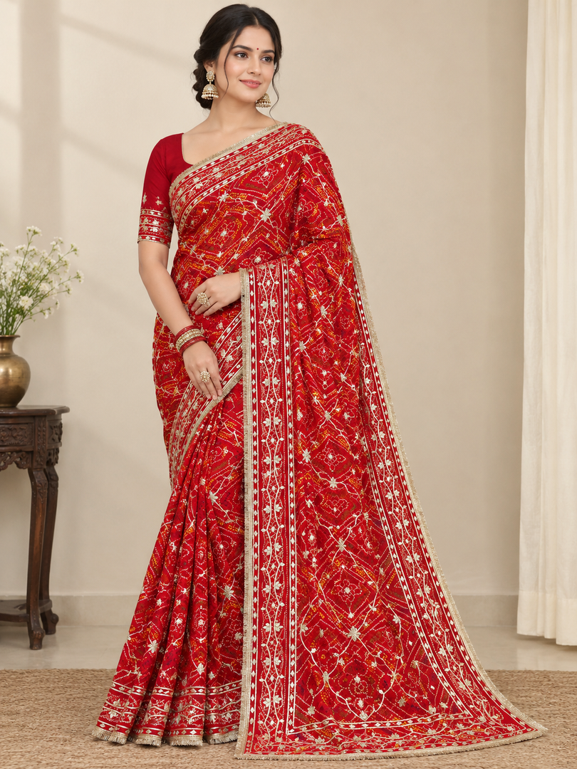 Pure Georgette Chunri Bandhej Saree with Kachha Gota Work & Heavy Running Blouse Piece