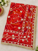 Load image into Gallery viewer, Pure Georgette Chunri Bandhej Saree with Kachha Gota Work &amp; Heavy Running Blouse Piece