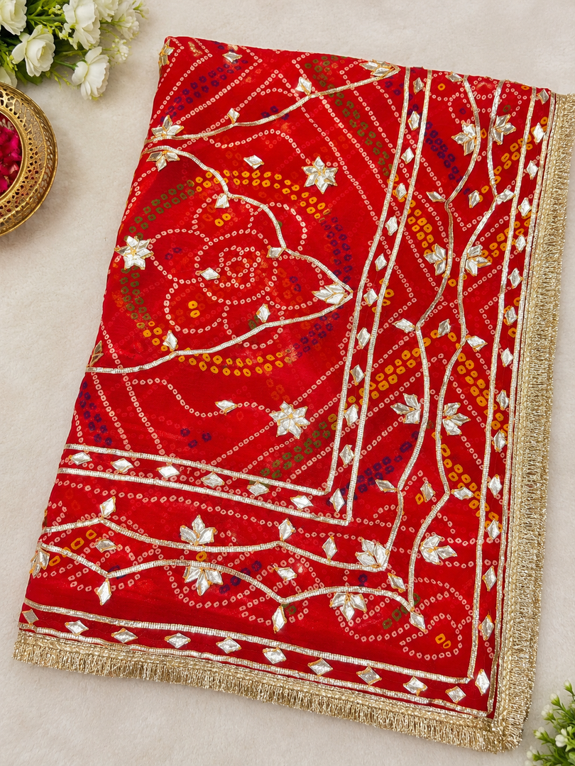 Pure Georgette Chunri Bandhej Saree with Kachha Gota Work & Heavy Running Blouse Piece
