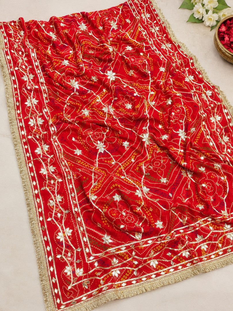 Pure Georgette Chunri Bandhej Saree with Kachha Gota Work & Heavy Running Blouse Piece