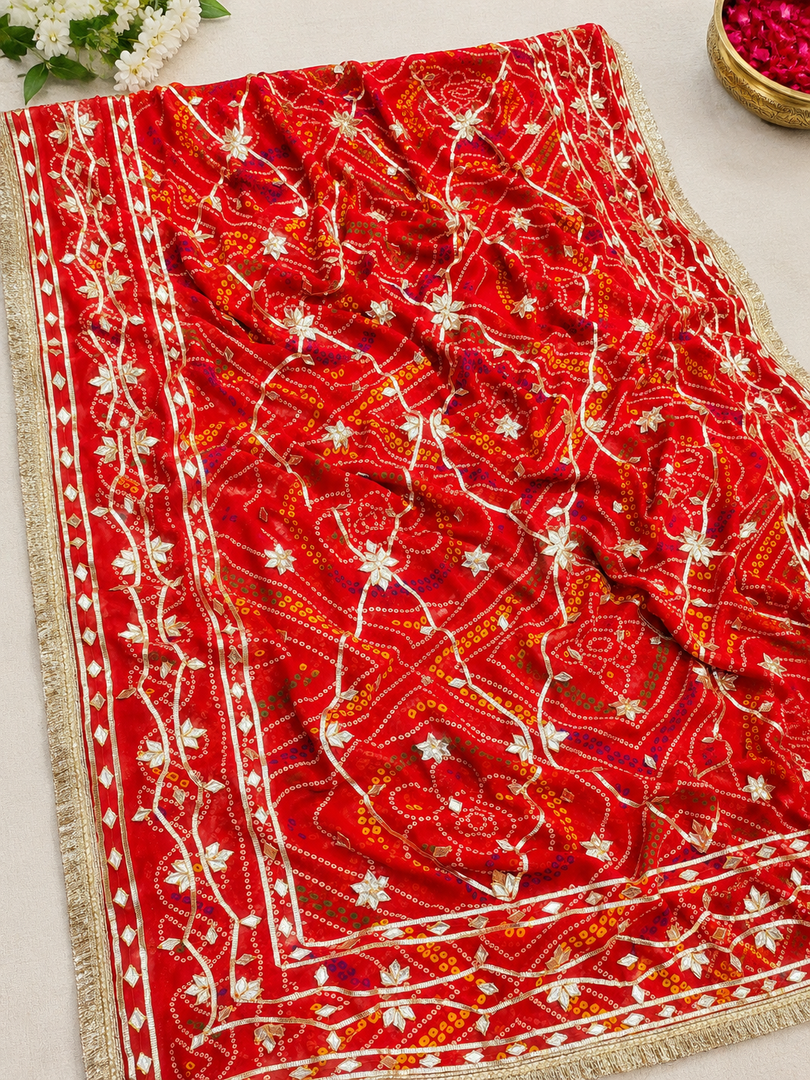 Pure Georgette Chunri Bandhej Saree with Kachha Gota Work & Heavy Running Blouse Piece