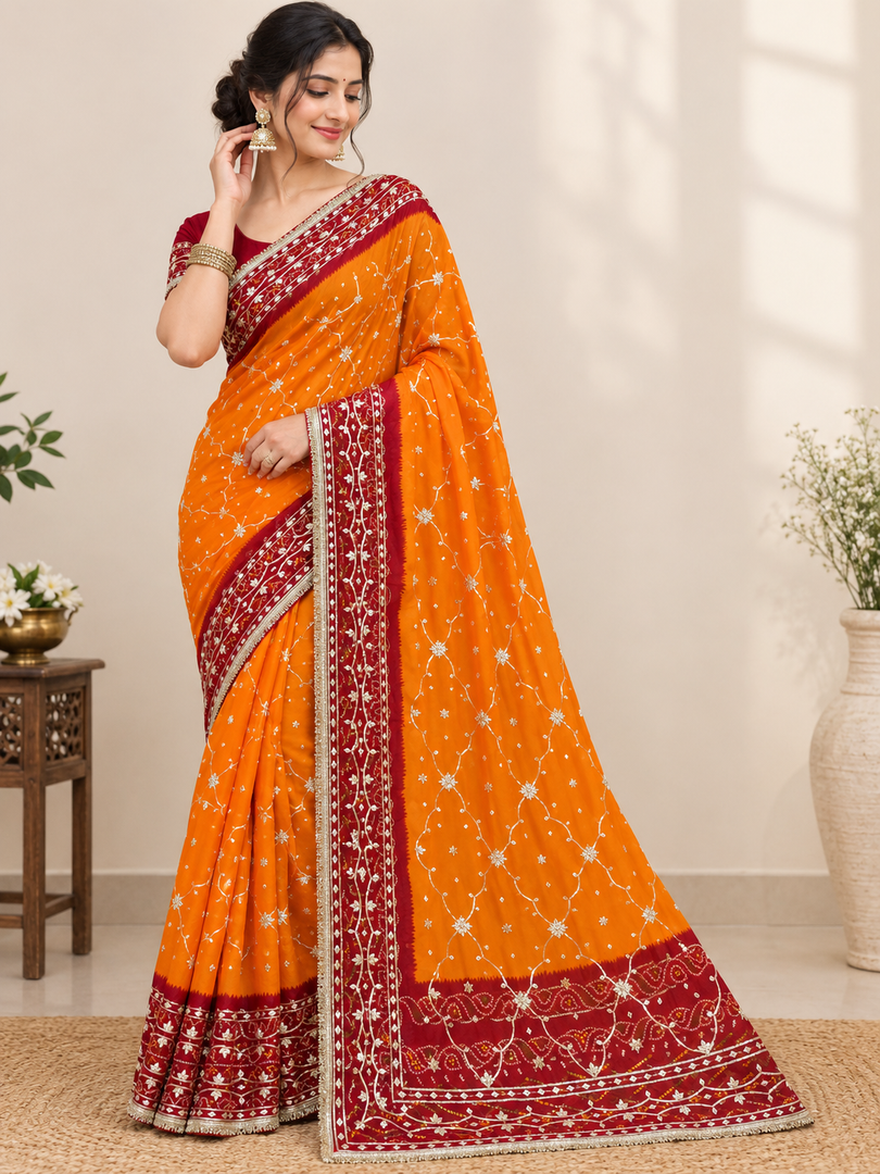 Pure Georgette Peela Chunri Bandhej Saree with Kachha Gota Work & Heavy Running Blouse Piece