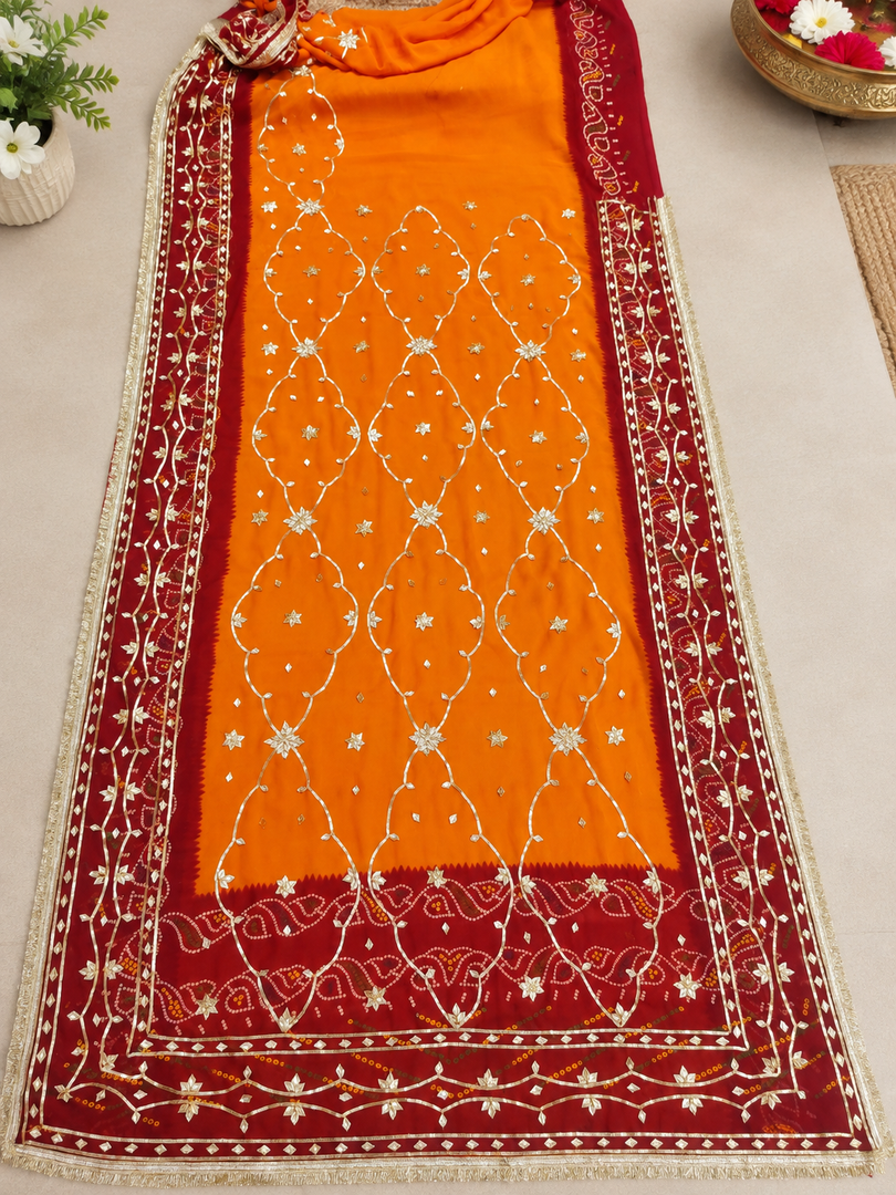 Pure Georgette Peela Chunri Bandhej Saree with Kachha Gota Work & Heavy Running Blouse Piece