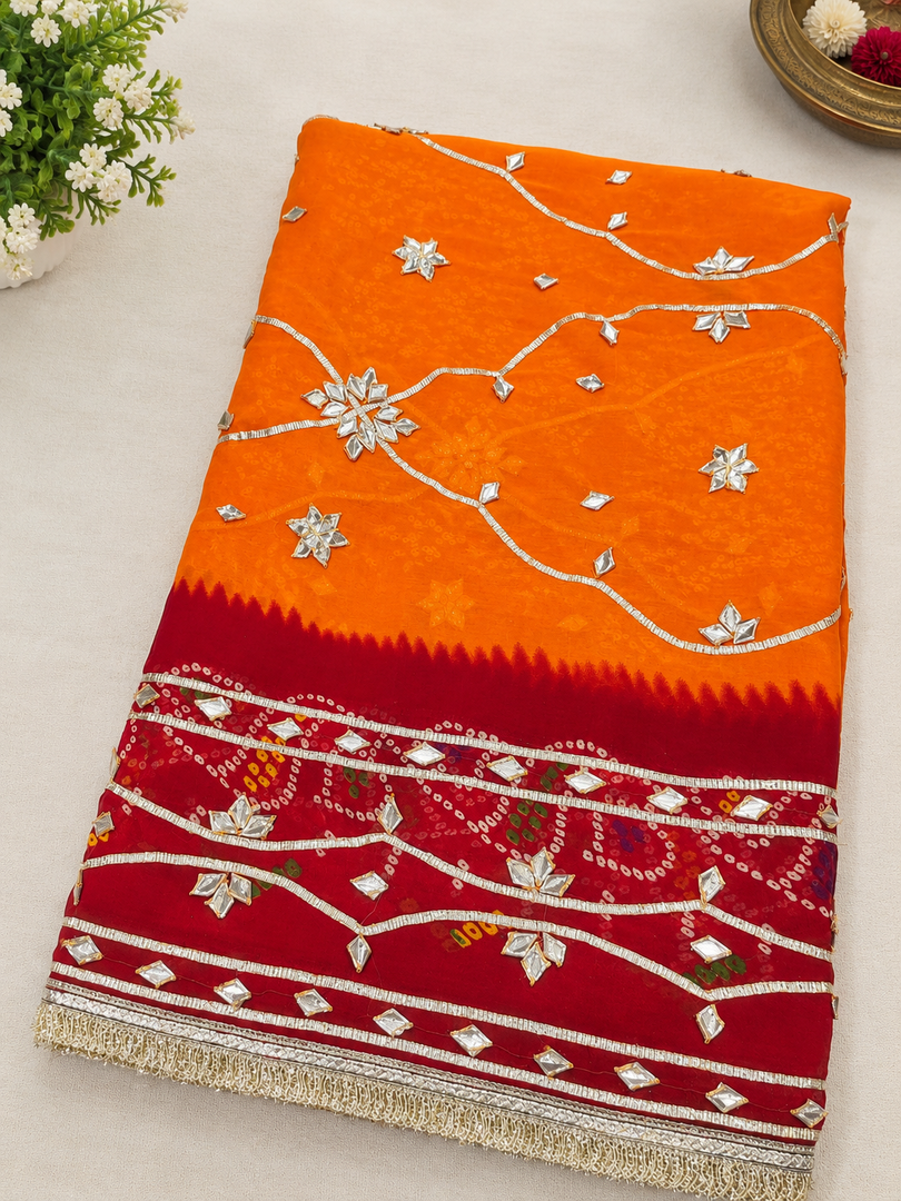 Pure Georgette Peela Chunri Bandhej Saree with Kachha Gota Work & Heavy Running Blouse Piece