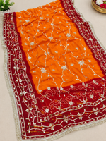 Load image into Gallery viewer, Pure Georgette Peela Chunri Bandhej Saree with Kachha Gota Work &amp; Heavy Running Blouse Piece
