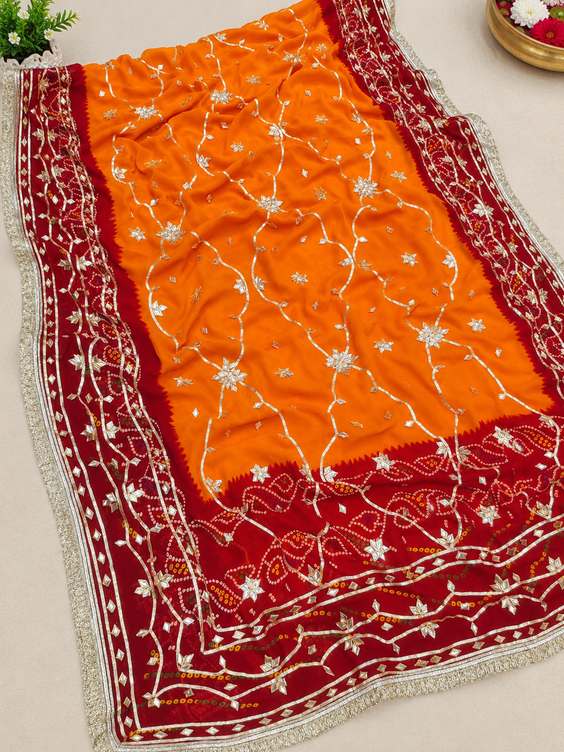 Pure Georgette Peela Chunri Bandhej Saree with Kachha Gota Work & Heavy Running Blouse Piece
