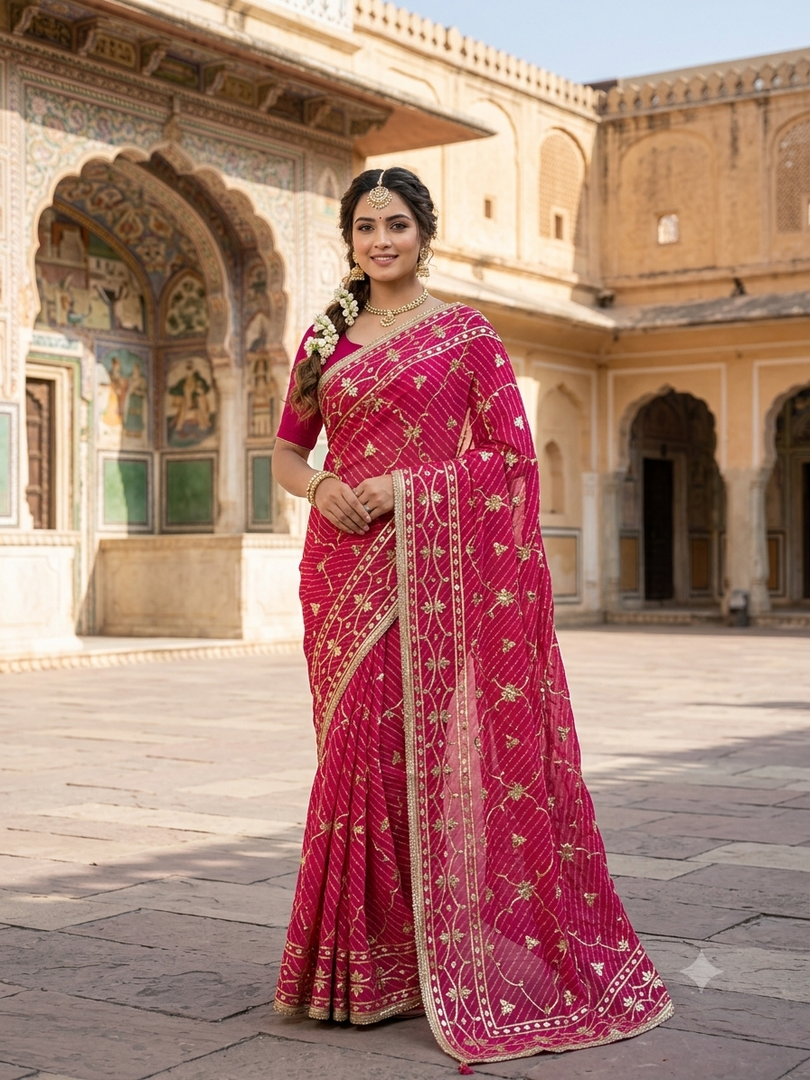Mothda Leheriya Georgette Saree with Handcrafted Kaccha Gota Jaipuri Gota Jaal