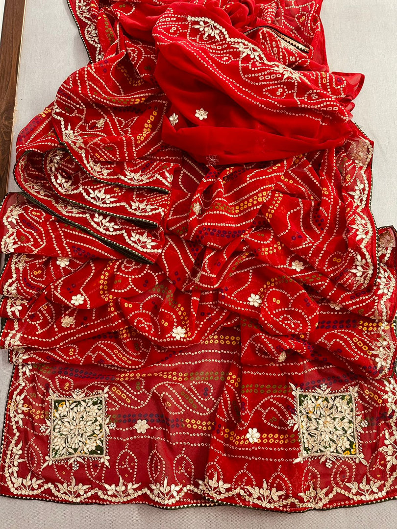 Pure Georgette Rajasthani Chunri Bandhej Saree With Gota Patti hand work