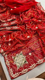 Load image into Gallery viewer, Pure Georgette Rajasthani Chunri Bandhej Saree With Gota Patti hand work