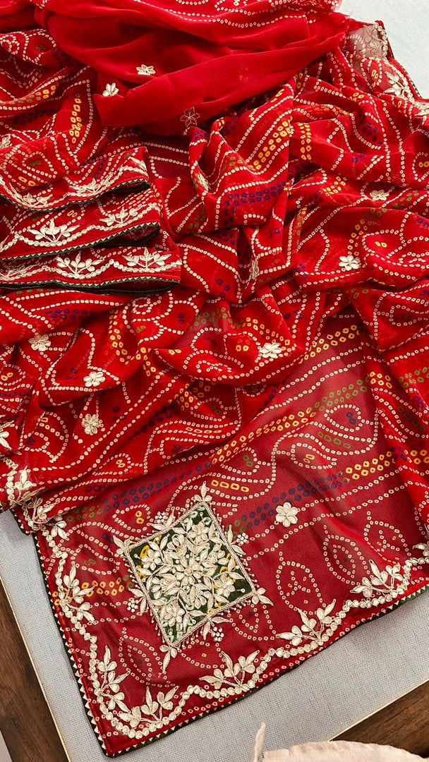 Pure Georgette Rajasthani Chunri Bandhej Saree With Gota Patti hand work