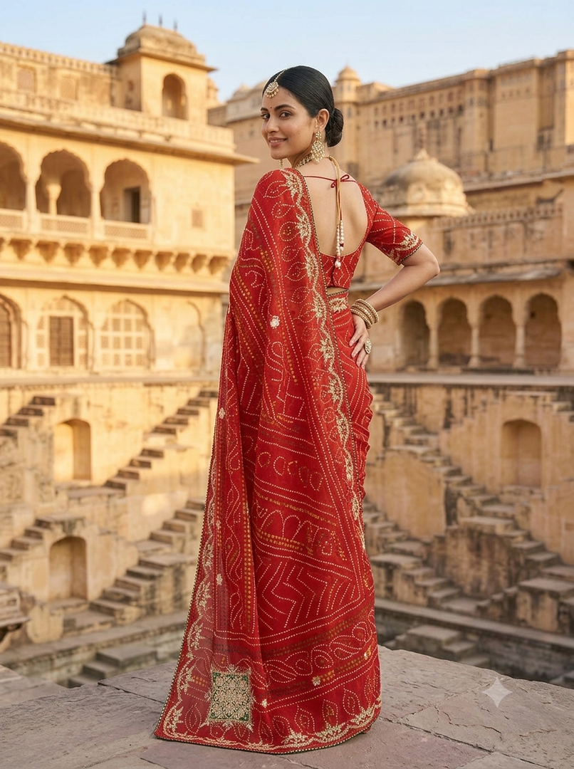Pure Georgette Rajasthani Chunri Bandhej Saree With Gota Patti hand work