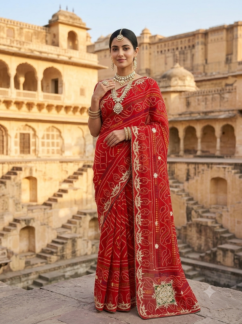 Pure Georgette Rajasthani Chunri Bandhej Saree With Gota Patti hand work