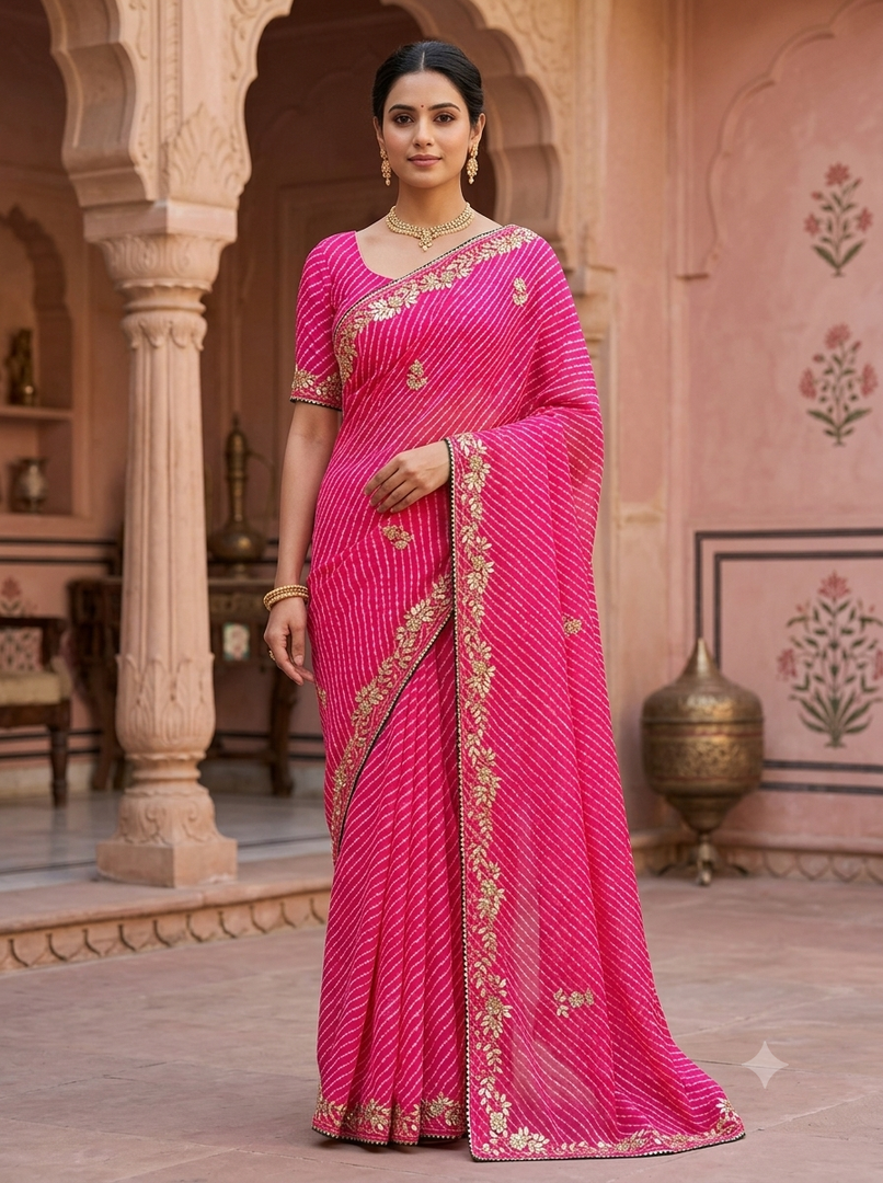 Leheriya Mothra Georgette Saree - Gota & Cutdana Work
