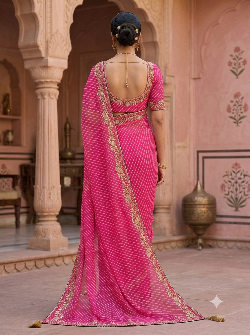 Leheriya Mothra Georgette Saree - Gota & Cutdana Work