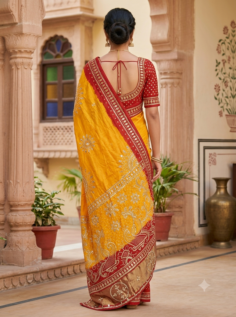 Pure Upada Silk Peela Chunri Bandhej Saree With Heavy Kaccha Gota