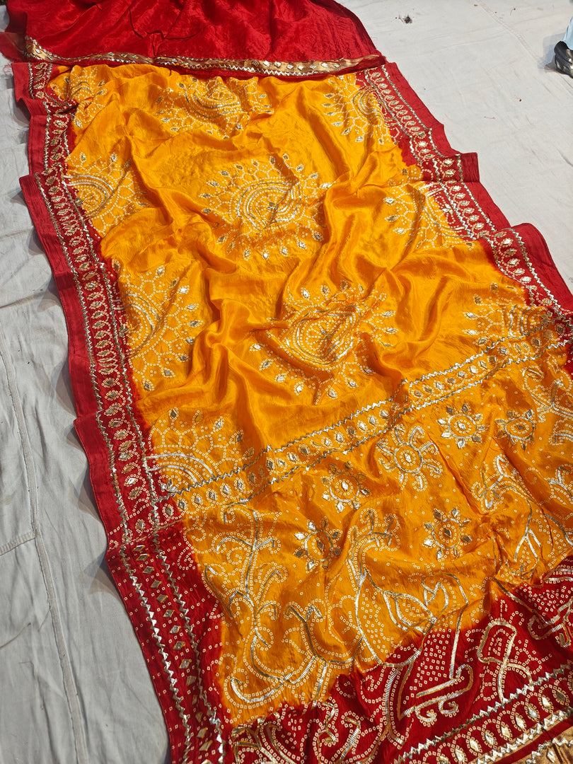 Pure Upada Silk Peela Chunri Bandhej Saree With Heavy Kaccha Gota