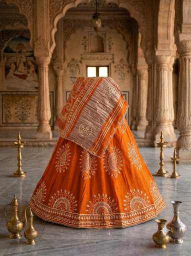Designer Lehenga Chunni Set in Pure Modal Fabric with Lakdi Patta and Kacha Gota Patti Work