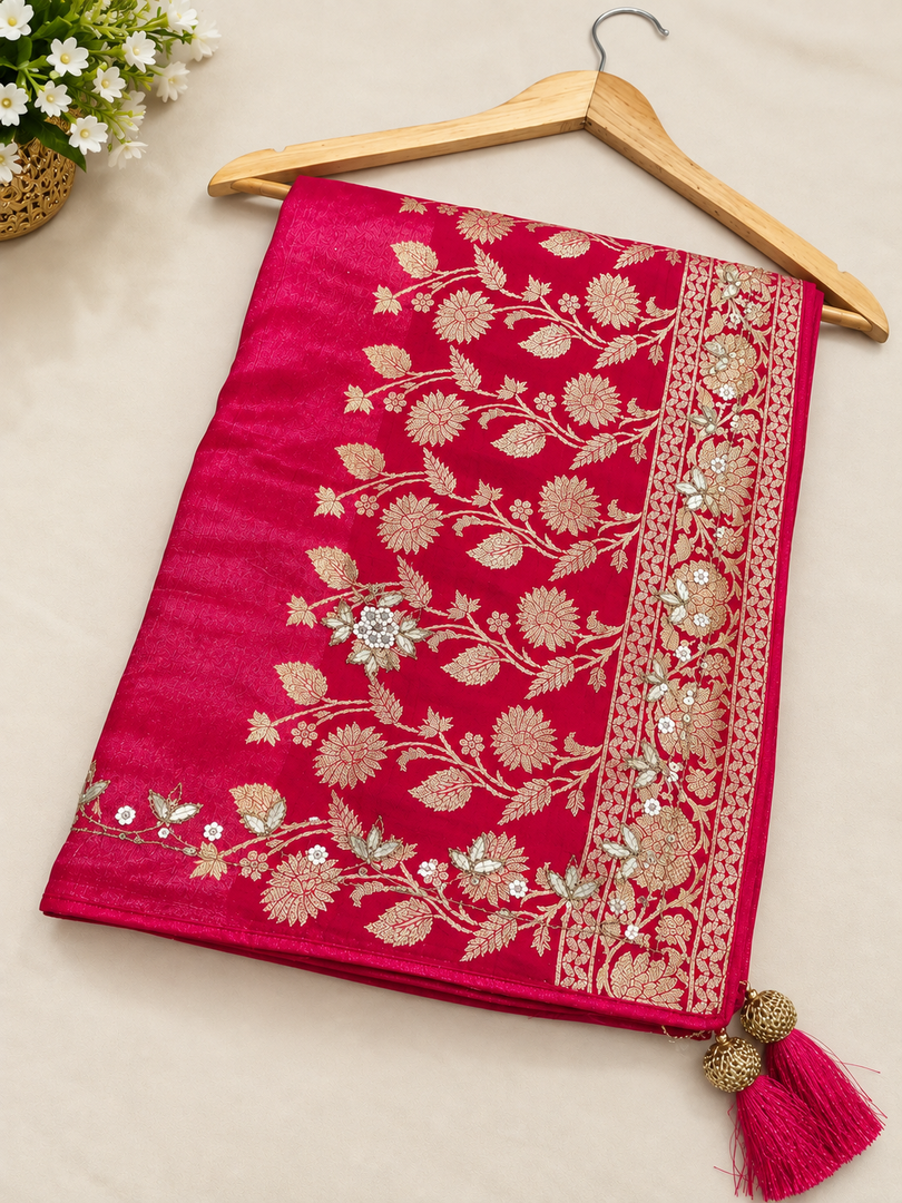 Pure Russian Silk Luxury Dupatta With Heavy Zari, Resham & Gota Patti Hand Work