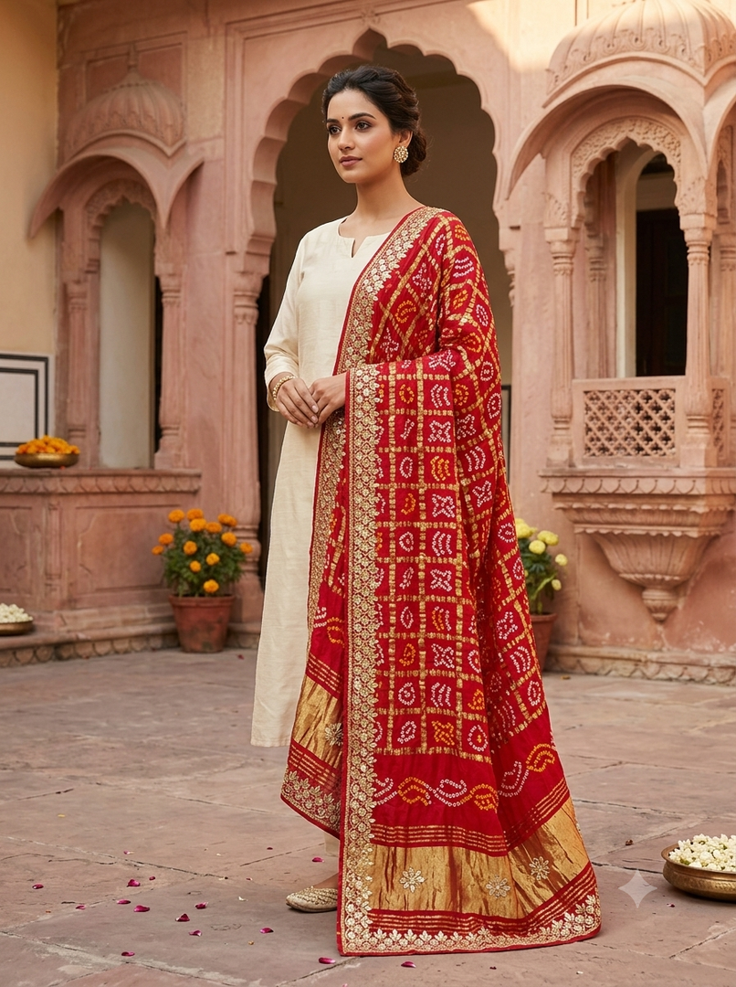 Pure Gajji Ghatchola Dupatta With Heavy Cutdana, Patra & Gota Patti Work With Lakdi Patta Zari Palla
