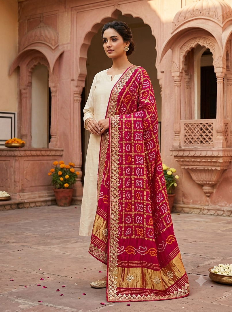 Pure Gajji Ghatchola Dupatta With Heavy Cutdana, Patra & Gota Patti Work With Lakdi Patta Zari Palla