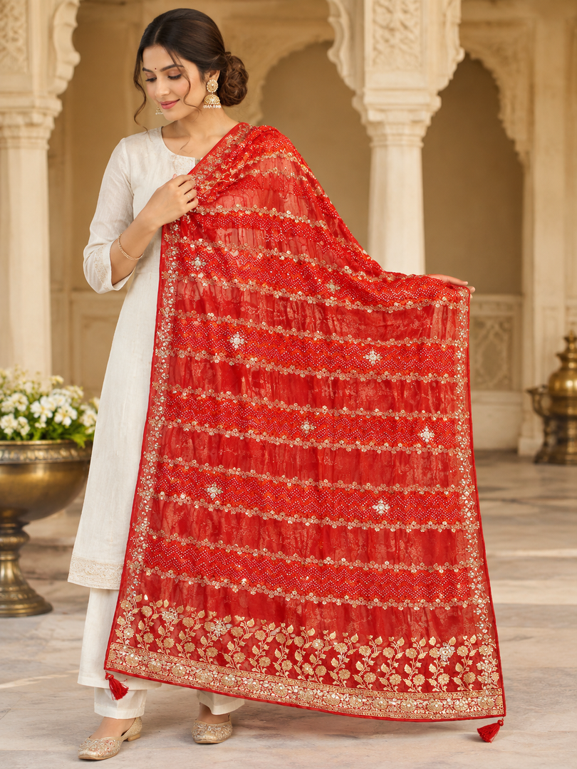 Pure Russian Silk Luxury Dupatta With Heavy Zari, Resham & Gota Patti Hand Work