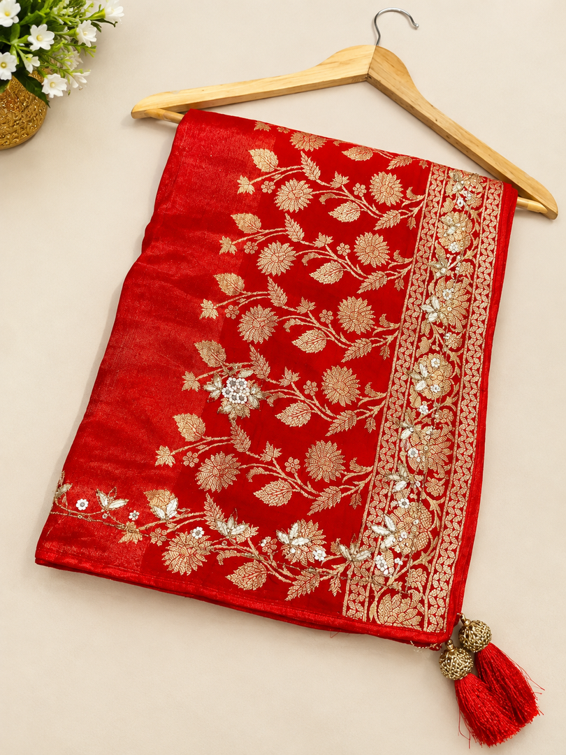 Pure Russian Silk Luxury Dupatta With Heavy Zari, Resham & Gota Patti Hand Work