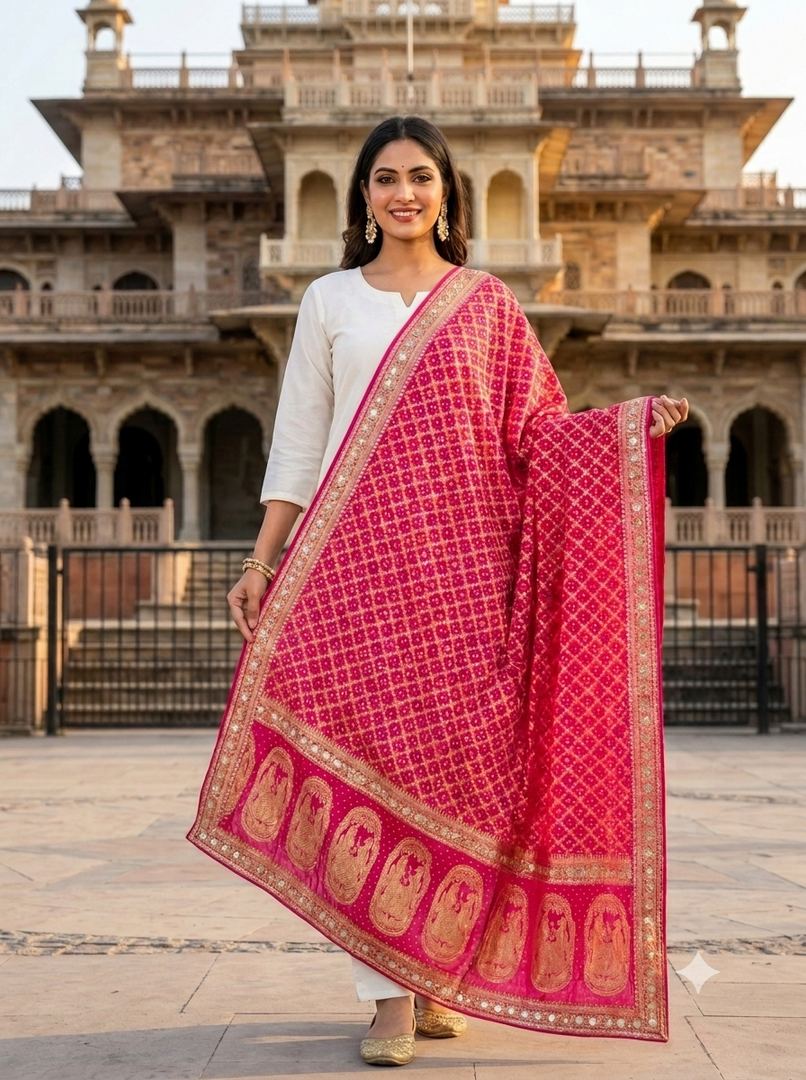 Pure Khaddi Georgette Bandhani Dupatta With Heavy Zari & Resham Weaving with heavy hand work