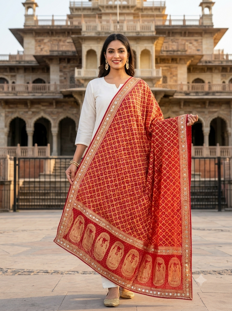 Pure Khaddi Georgette Bandhani Dupatta With Heavy Zari & Resham Weaving with heavy hand work