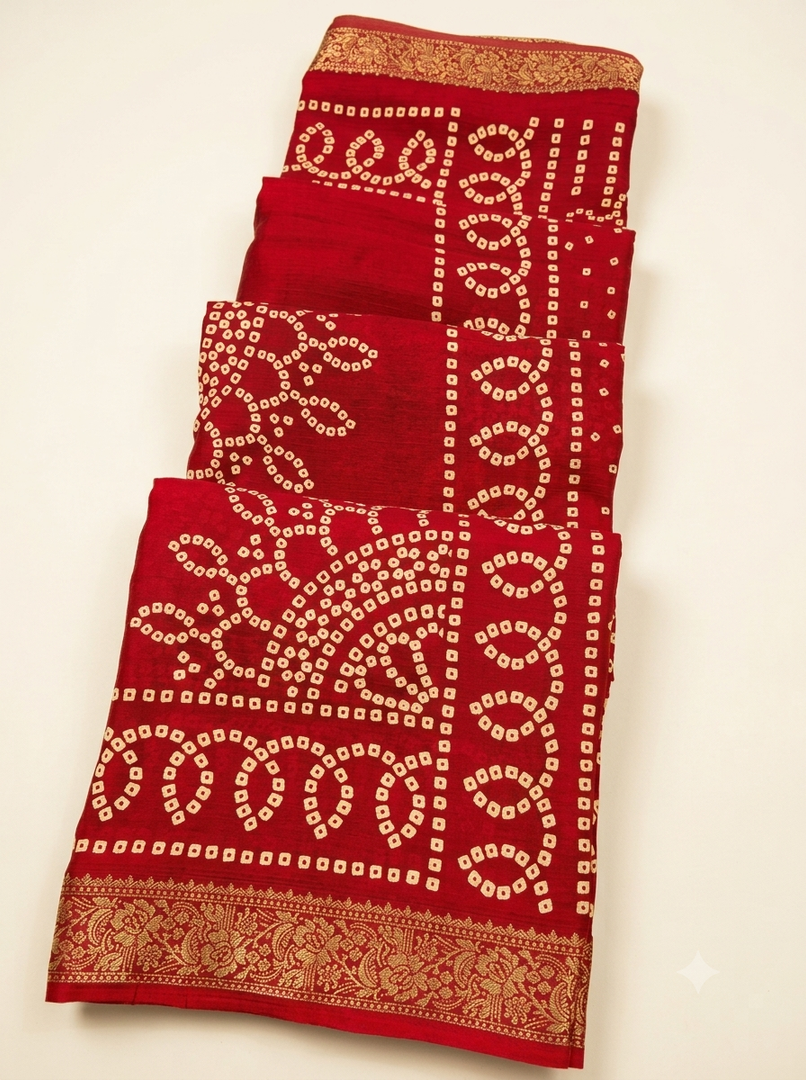 Pure Georgette Jaipuri Rasmandal Bandhej Print Saree With Heavy Zari Border