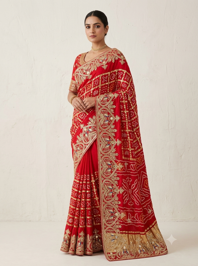 Pure Gajji Silk Ghatchola Saree with Exquisite Heavy Gota Patti Handwork