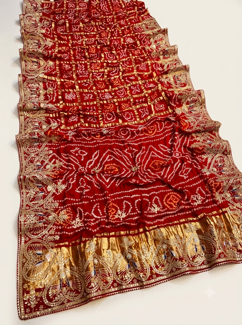 Pure Gajji Silk Ghatchola Saree with Exquisite Heavy Gota Patti Handwork