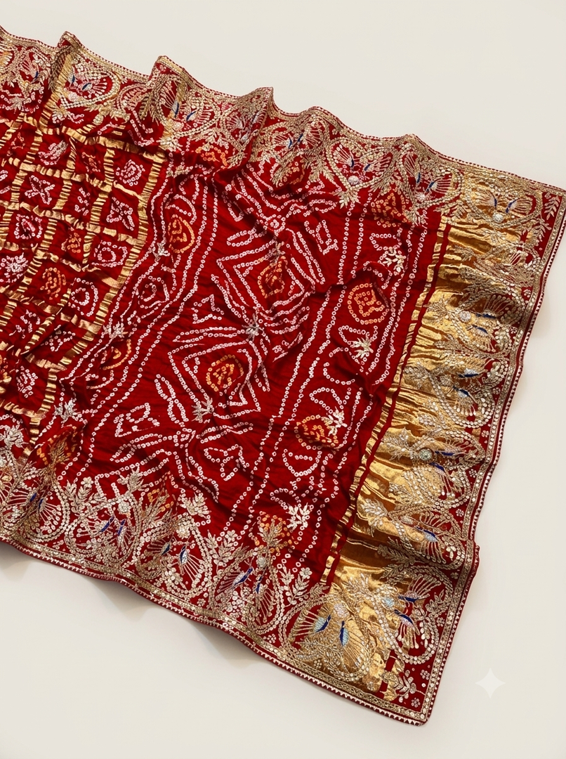 Pure Gajji Silk Ghatchola Saree with Exquisite Heavy Gota Patti Handwork
