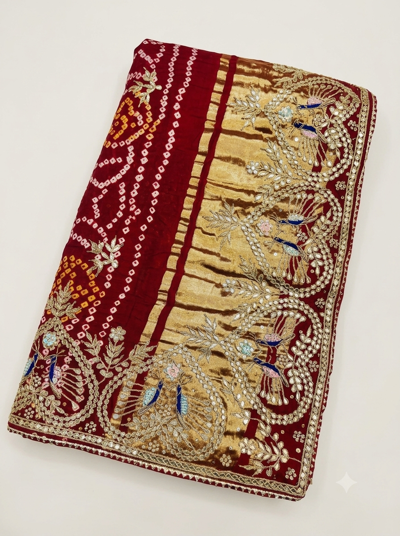 Pure Gajji Silk Ghatchola Saree with Exquisite Heavy Gota Patti Handwork