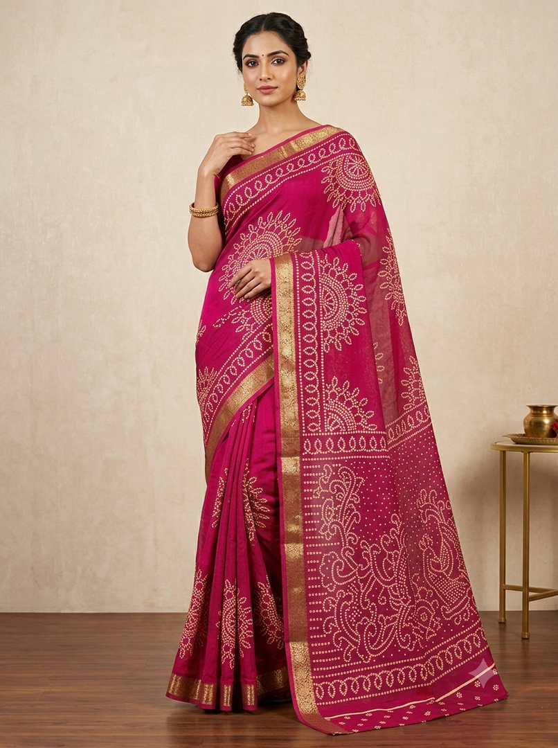 Pure Georgette Jaipuri Rasmandal Bandhej Print Saree With Heavy Zari Border