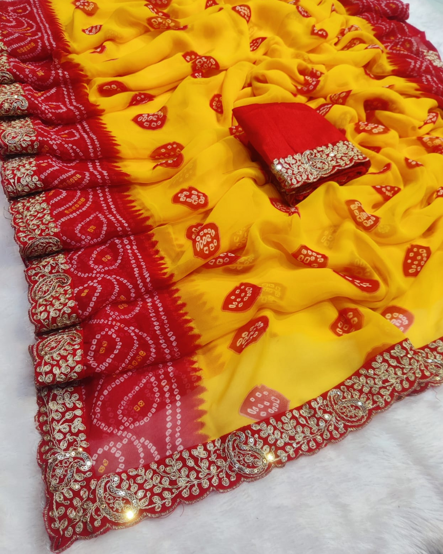Georgette Fabric Laadu Peela Faag Special Saree