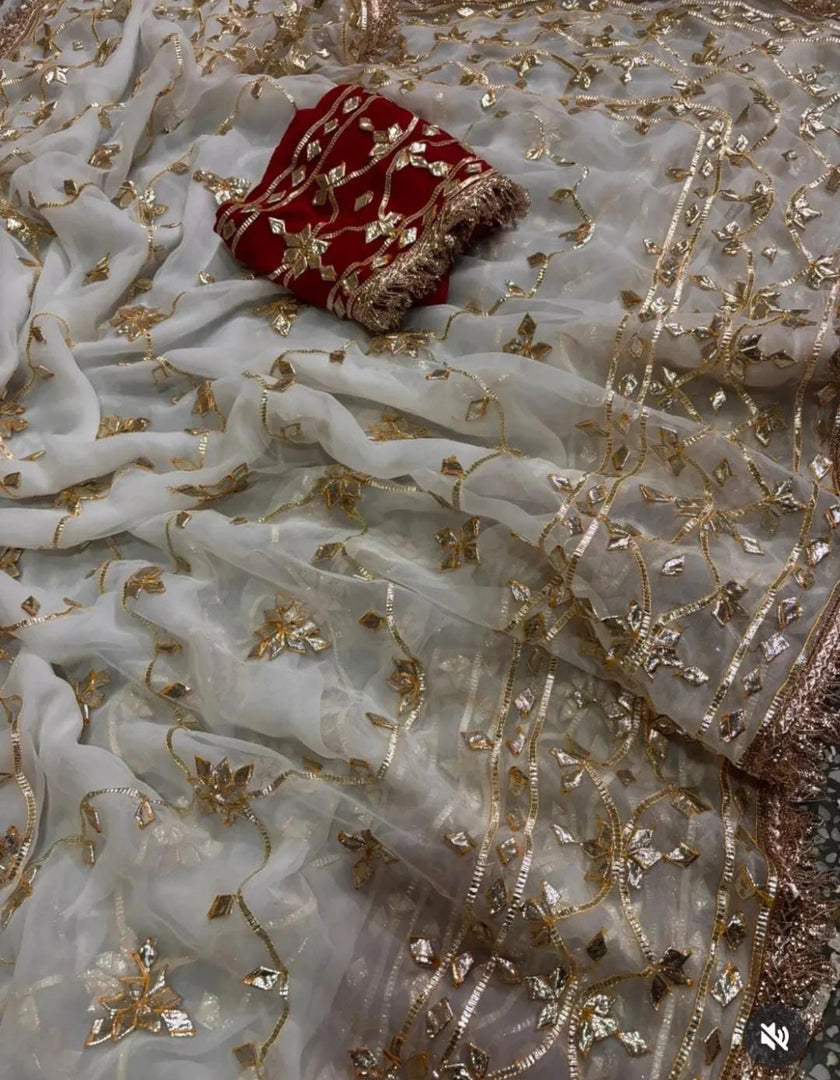 Pure Diamond Chiffon Rajwada Saree with Heavy Kaccha Gota Jaal & Sabyasachi Style Border